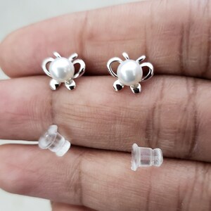 Butterfly 92.5 Sterling Silver studs with 5mm pearl, Minimalist jewelry for any occasion, Best for gifts.