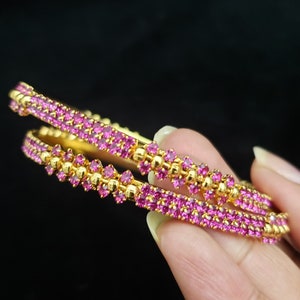 Pink stones Bangles Set, 2 Bangle set, 22k Gold Plated, Wedding Bangles, Mix n Match bangles