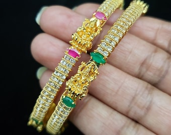 Temple design Bangles, 2 Bangles Set made with CZs, Wedding Bangles, Bracelet Set, Kadas, Mix n Match