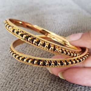 Black beads Bangles Set, 2 Bangle set, 22k Gold Plated, Bracelet Set, Kadas, Mix n Match bangles
