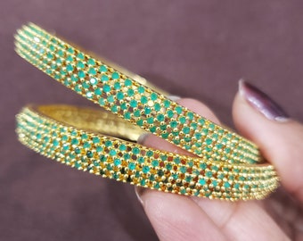 Conjunto de pulseiras de pedra verde, conjunto de 2 pulseiras, banhado a ouro 22k, conjunto de pulseiras semipreciosas, pulseiras de casamento, conjunto de pulseiras, Kadas, pulseiras Mix n Match