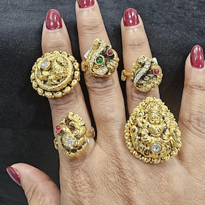 92.5 Silver Rings, Nakshi  Adjustable rings, Vanki ring, fits most of the hands, temple pattern Silver rings in 22k gold covering