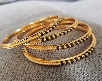 Black Beads Bangles Set, 4 Bangle set 22k Gold Plated Black beads Bangles Set, Wedding Bangles, Bracelet Set, Kadas, Mix n Match bangles