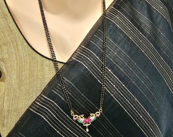 Black Beads necklace, Long black beads, Two strands Gold filled mangalsutra with Pink CZ stones.