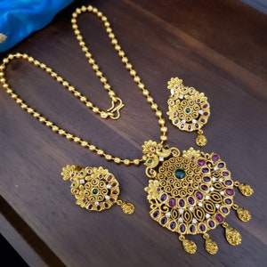 Matte finish CZ Pendant with earrings ,Traditional Jewelry, South Indian Jewelry, Semi precious Ruby and CZs