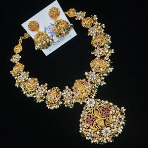 Dhashavatam temeple jewelry necklace, Exact replica of Gold jewelry. Semi precious high quality rubies, emeralds and ADs