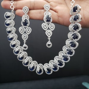 Semi precious Sapphire necklace, Cubic Zirconia, Silver filled party wear necklace, Wedding Jewelry