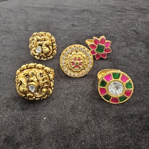 92.5 Silver Rings, Nakshi and kundan Adjustable rings, Vanki ring, fits most of the hands, temple pattern Silver rings in 22k gold covering