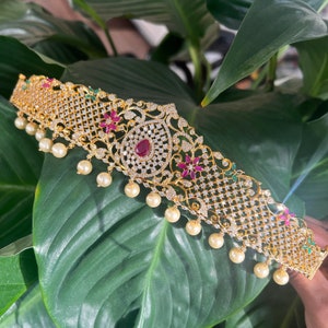 Kids size Vaddanam, Bight gold finish Indian waist belt, Kamar band, CZs & Ruby Traditional Jewelry, Indian Jewelry