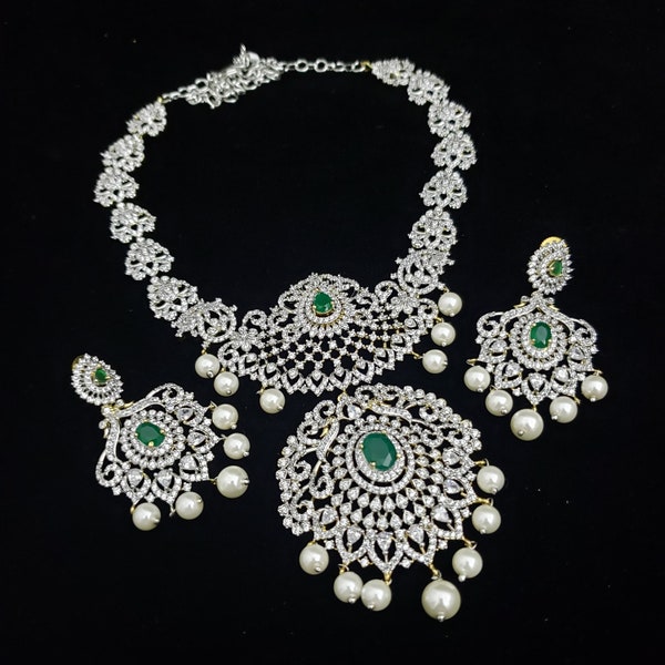 AD Necklace, White stones with Emeralds, Brides Jewelry, Statement Jewelry, Indian Wedding Jewelry, Bollywood, One gram gold,