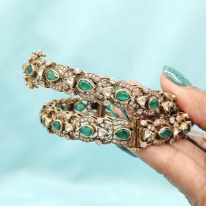 2.4 sz 92.5 Silver Victorian Moissanite bangles, Green stones Bangles, white stone bangles, brides Silver bangles , South Indian Jewelry.
