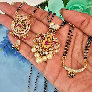 Black Beads necklace, Big pendent Indian Mangalsutra, Ruby-CZ Pendant Mangalsutra, Wedding Jewelry, Black Beads Necklace, Nallapoosalu