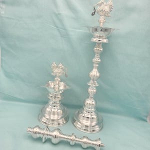 Real Silver 15&quot; long Deepam set, Dismantle to make it small, 5 wicks Star pattern, Silver pooja deepam set, Silver lamps in peacock design
