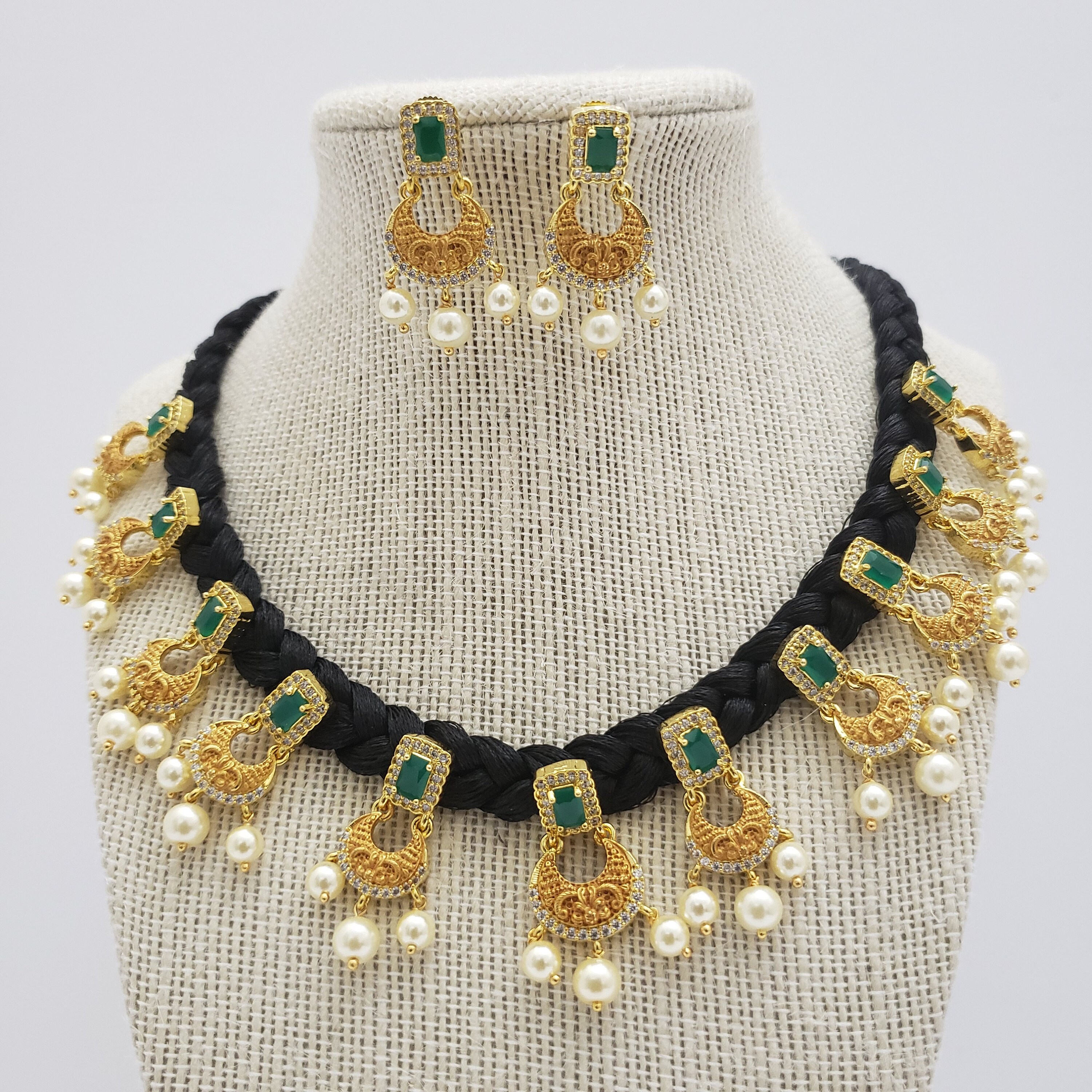 Black Silk Thread Necklace With Semi Precious Emeralds and Czs