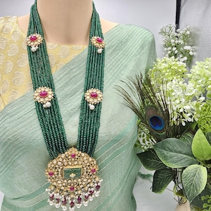 92.5 Silver Victorian moissanite necklace, 7 strands 32&#39; Long necklace with Emerald cut beads. Indian jewelry, 92.5 Hallmark, unisex haram