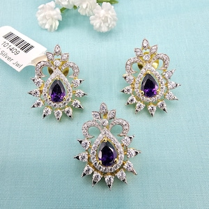 92.5 silver Pendant set, Pure silver AAA+ CZs pendants- Amethyst with 22k gold covering, Indian jewelry with 92.5 Hallmark.