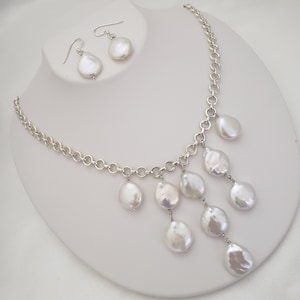 13-14mm Lustrous Coin Pearls, 92.5 Silver Necklace, Freshwater Pearls, Beautiful Luminous White Iridescent, RainbowHue, Baroque Pearls,Gift
