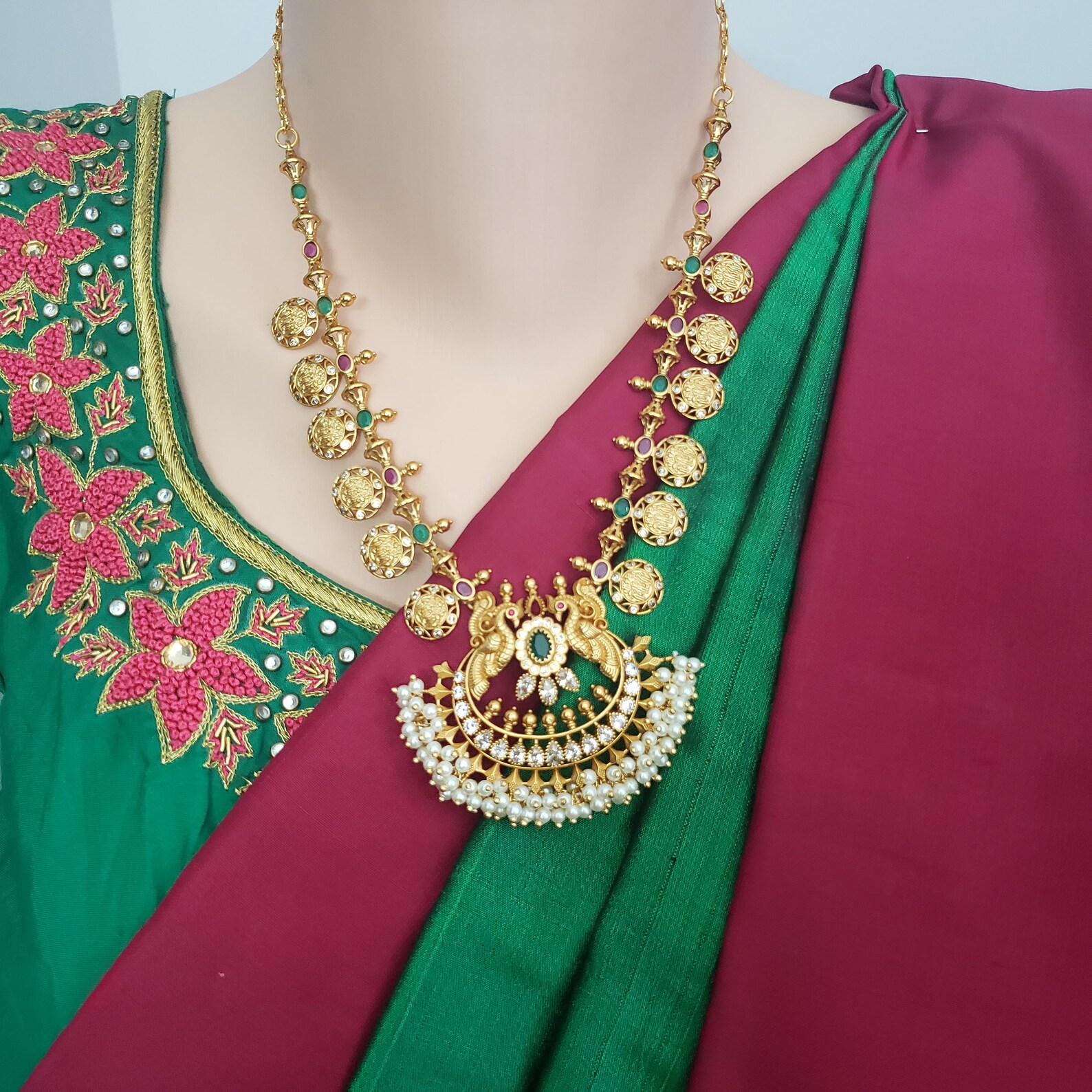 Semi Precious Emerald and Ruby Necklace, Cubic Zirconia, Silver Filled ...