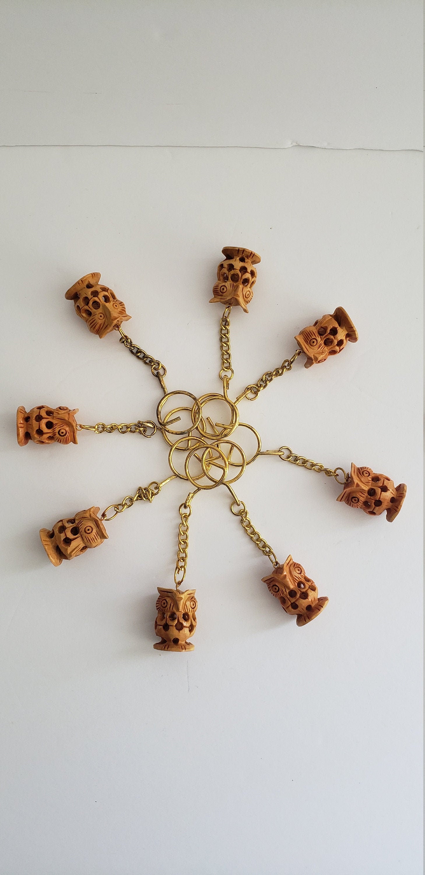 3D Wooden Owl key chain, Handmade Wooden Good Luck charm, Collectable Figurine Antique Sculpture