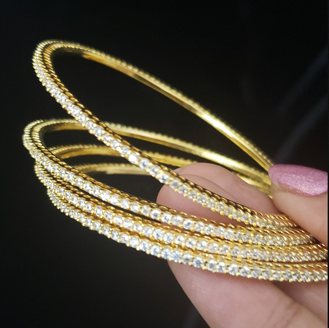 Bangles Set, 4 Bangle Set, 22k Gold Plated, White CZ Bangles