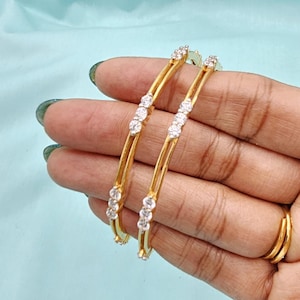 92.5 silver Bangle set,CZs Traditional Bangles, 2.6 size 22k Gold Plated Pure silver bangles, Wedding Bangles, set of 2 Mix n Match bangles.