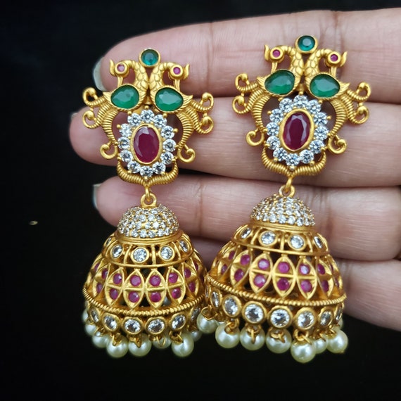 22K Gold Jhumkas (Buttalu) - Gold Dangle Earrings With Color Stones &  Pearls - 235-GJH2046 in 10.300 Grams