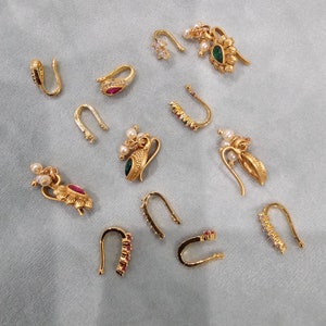 3 or 6 pc Set, Kundan Nose Ring, Nose Stud, Clip On, Pressing Nose Ring, Indian Wedding Jewelry, Pressing pattern