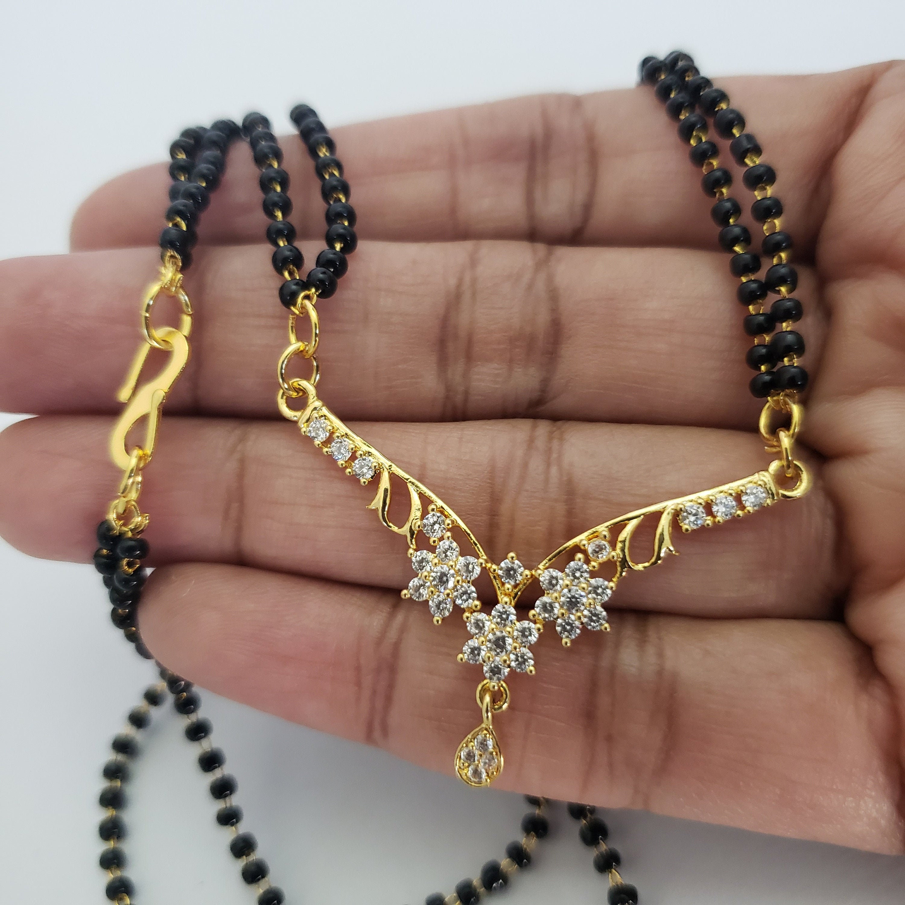 2 Strand Black Beads Necklace 18 Indian Mangalsutra With CZ