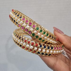 Navaratna bangles, set of 2, 9 stones, Ruby, Emerald, coral pearl sapphire, pearl, Semi precious bangles, Bridal Bangles, One Gram Gold.