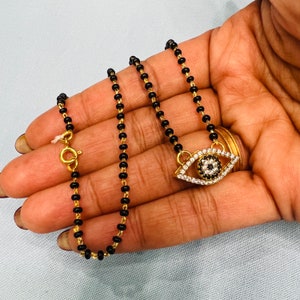 Pure 92.5 Silver evil eye Black Beads necklace, Mangalsutra, 22k Gold covering with Cz stones, Black Beads Necklace.