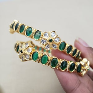 Green Bangles Set, 2 Bangle set, 22k Gold Plated, American diamond -Emerald Bangles,