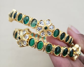 Green Bangles Set, 2 Bangle set, 22k Gold Plated, American diamond -Emerald Bangles,