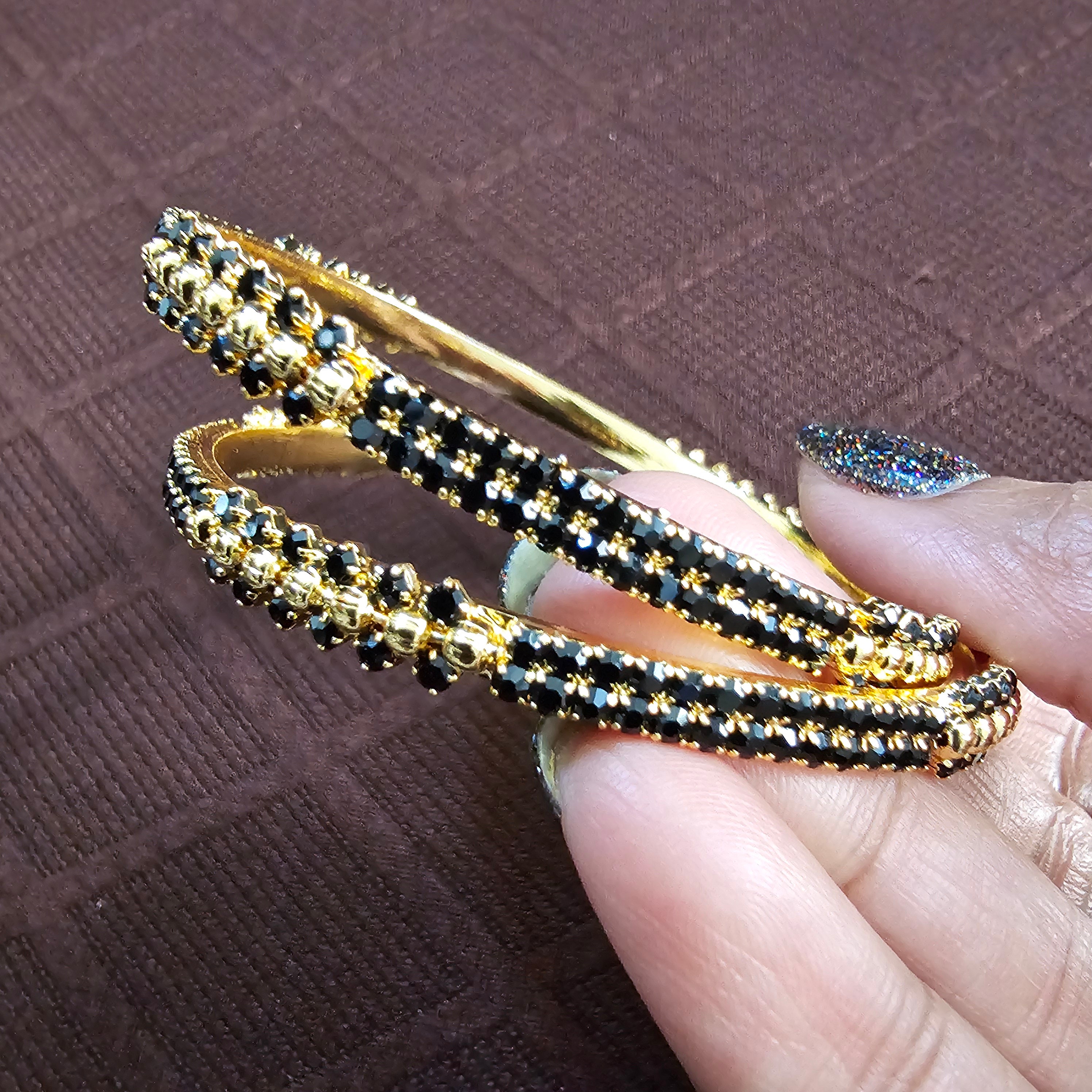 2.6 Size Black Stone Bangle Set, 22k Gold Plated