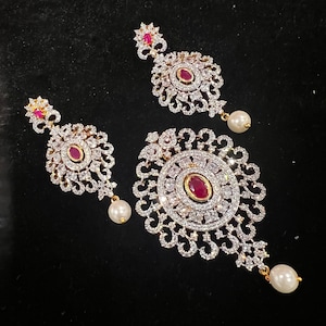Diamond Pendant set, CZ Pendant with Chain, and earrings, Traditional Jewelry, South Indian Jewelry, Semi precious Ruby and CZs