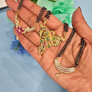 2 strands Black Beads necklace, Indian Mangalsutra, CZ Pendant Mangalsutra, Wedding Jewelry.
