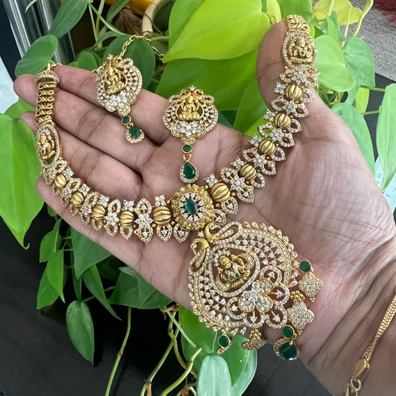 CZ Temple Designnecklace Set, Indian Brides Necklace, Bollywood