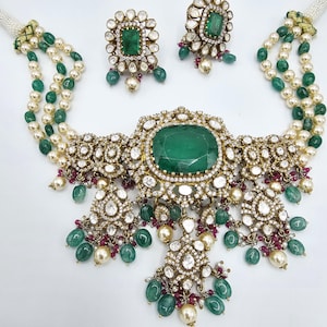 92.5 Silver Victorian moissanite Choker, 3 strands choker with big emerald stone and beads. Indian jewelry with 92.5 Hallmark
