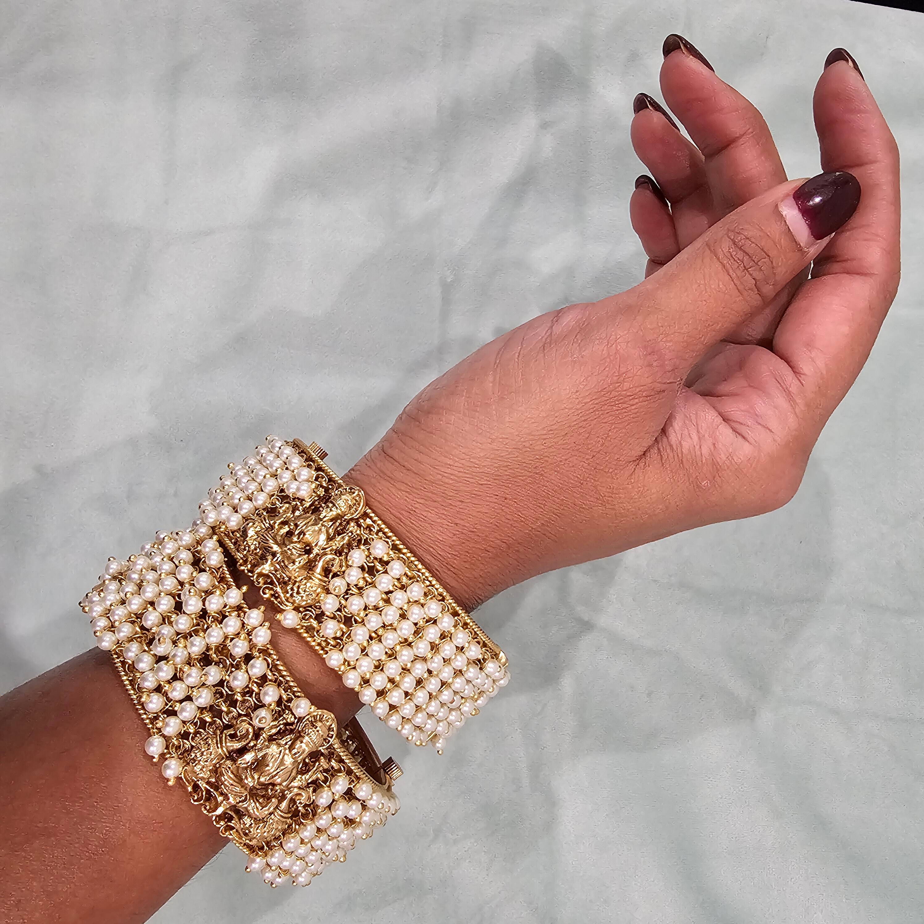 Pearl Bangles With Lakshmi Devi, Adjustable Bracelet, With