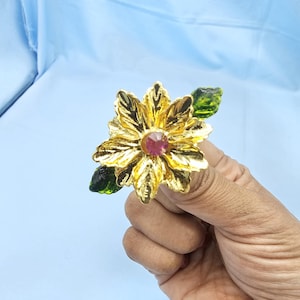 Pure Silver Pooja flowers, 2 layers in gold color, Pink stone green enamel leaves,Pooja offering flowers. Sravana maasam decor single Flower