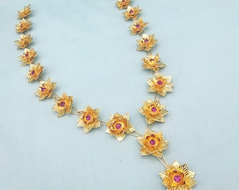 24" Pure Silver Pooja Garland, 3 layers gold color flower Mala,  Silver Mala for idols Pink stone Pooja offering flowers, Real Silver decor