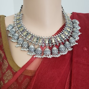 Half Jumka pattern German Silver jewelry, Semi precious Ruby and emeralds, German Silver Set  with earrings, Indian Traditional Jewelry.
