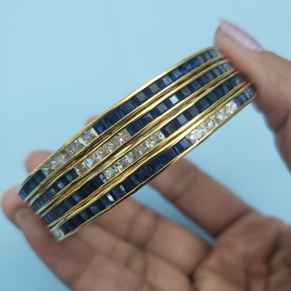 2.6 size Bangles Set, 4 Bangle set, 22k Gold Plated, Semi precious sapphire /White CZ Bangles Set, Bracelet Set, Kadas, Mix n Match bangles