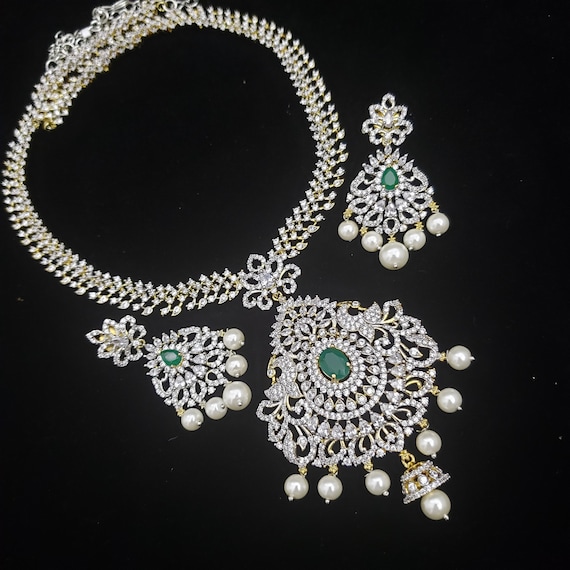 Long AD Necklace, Gold Covering With Semi Precious Emeralds and