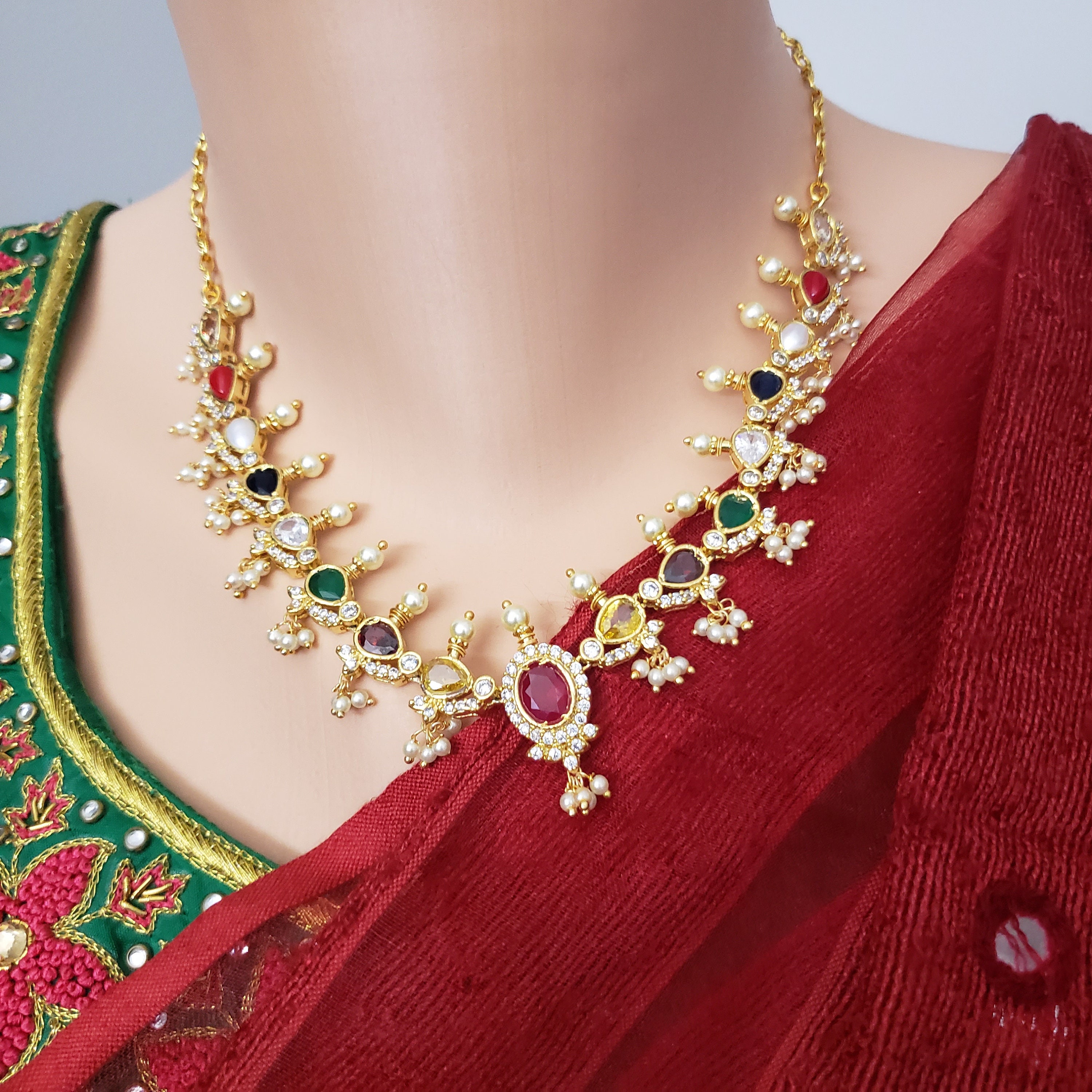 Buy Necklaces Online | Charita Navratna Necklace Set from Indeevari
