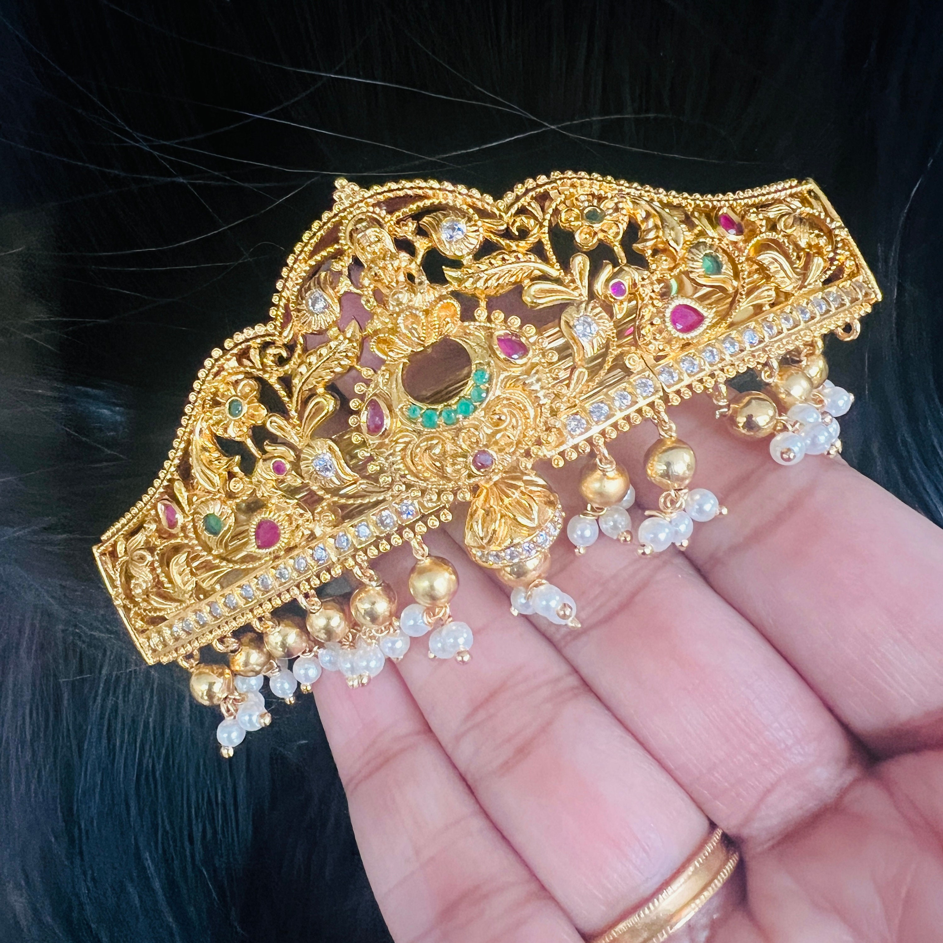 Lakshmi and Peacock Indian Hair Clips, Temple Design Gold-plated