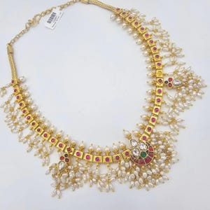 925er Silber Kundan Guttapoosalu Halskette, Perlenkette mit echten Reisperlen. Kurze Halskette mit Rückenkette. Traditioneller indischer Schmuck