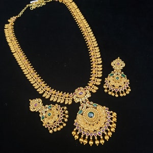 Lakshmi Necklace, Indian Jewelry, Semi Precious ruby and  emerald, brides jewelry, wedding jewelry, One gram gold, pearl