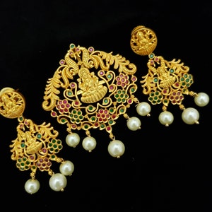 Lakshmi Matte finish Simple Pendant with earrings, Traditional Jewelry, South Indian Jewelry, Semi precious Ruby and emeralds