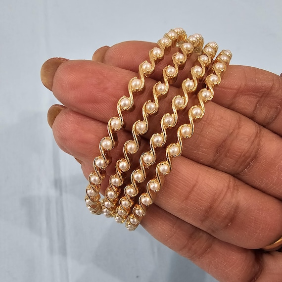 Pearl Bangles Set, Set of Pearl Bangles, 22k Gold Plated Bangles