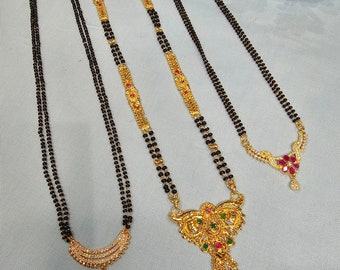 2 strands Black Beads necklace, Indian Mangalsutra, CZ Pendant Mangalsutra, Wedding Jewelry.